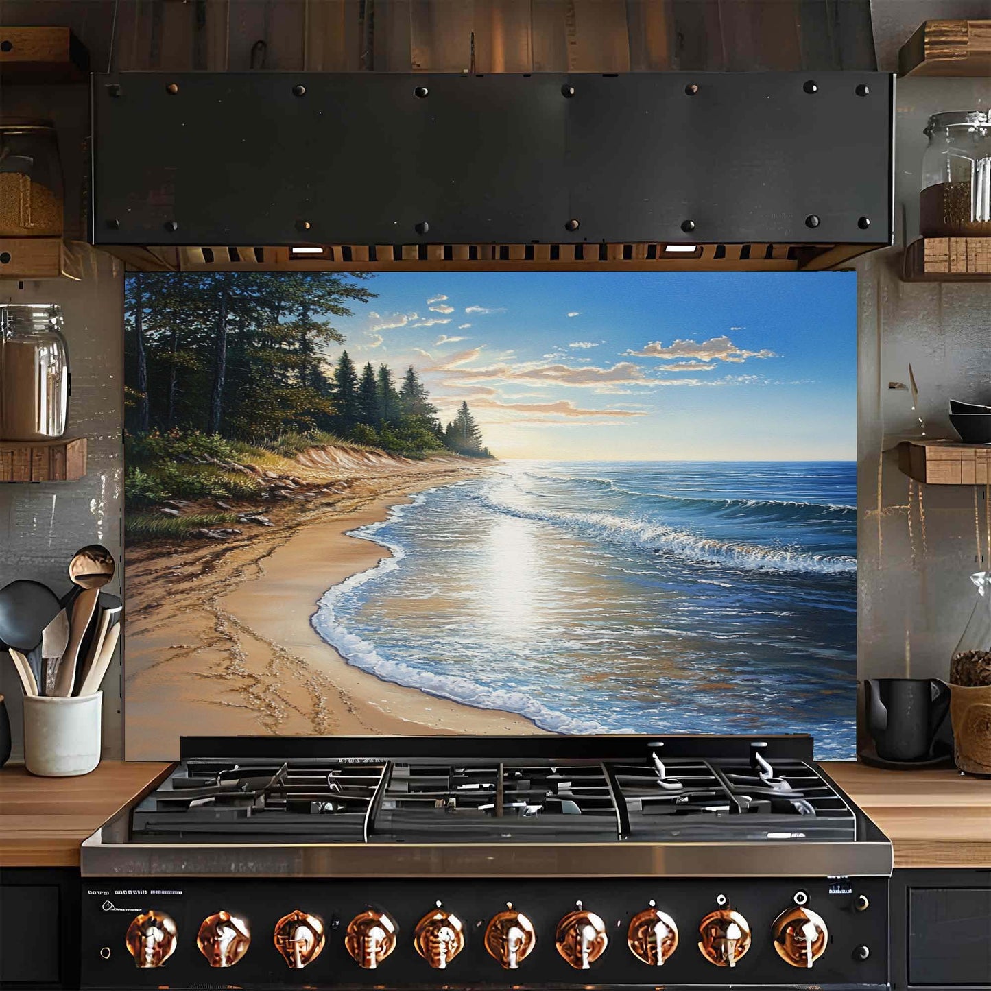 Tempered glass backsplash featuring pine trees and coastal shoreline at sunset – perfect for rustic or beach-themed kitchens.