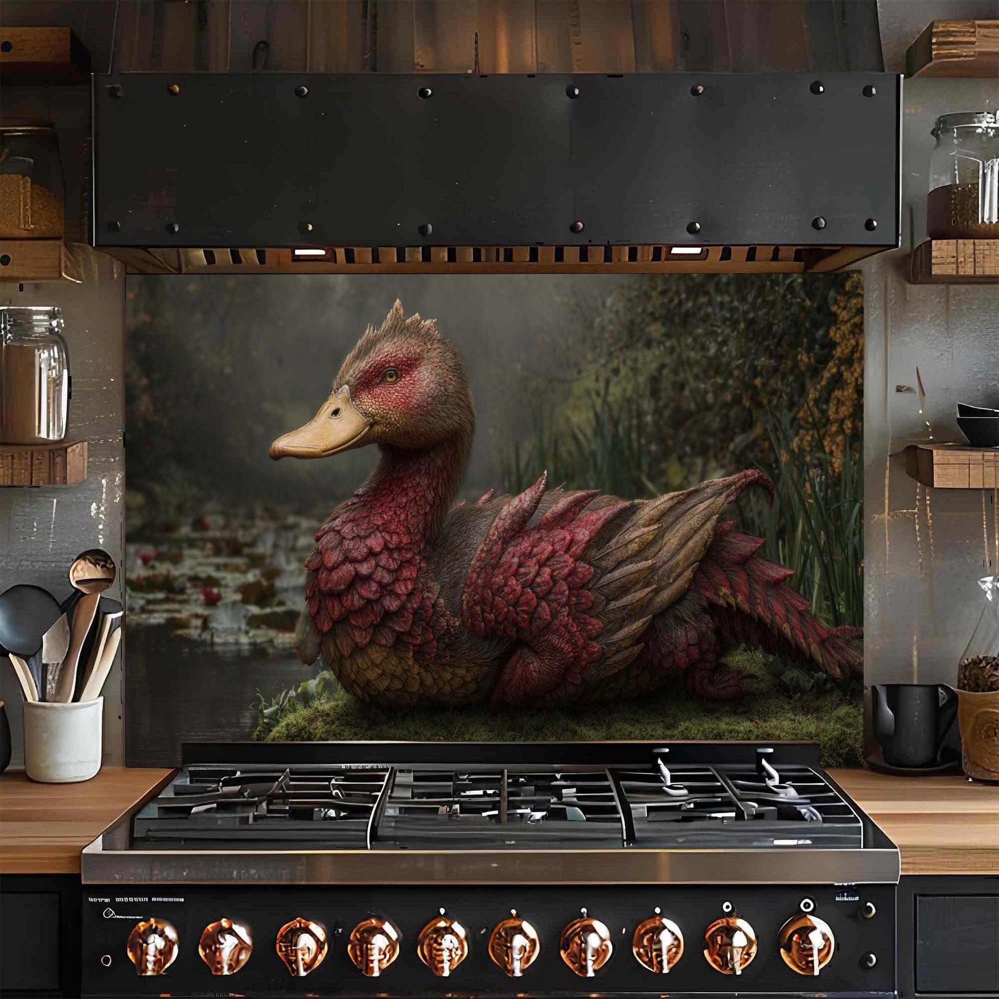 Kitchen stove with a dragon-themed glass backsplash in a rustic kitchen setting