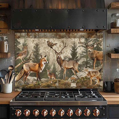 Stainless steel stove with a decorative glass backsplash featuring animals in a forest setting.
