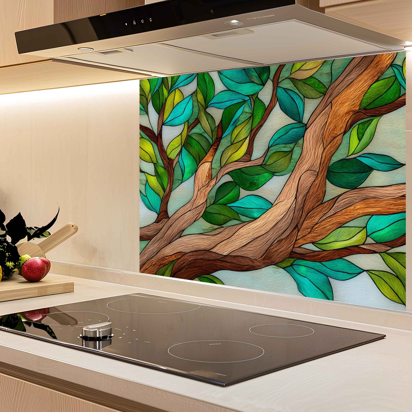 Kitchen with a decorative glass splashback featuring a tree design.