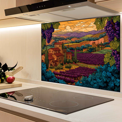 Kitchen backsplash with a colorful mural of a vineyard scene.