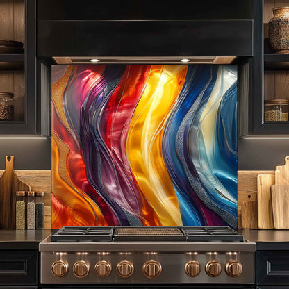 Colorful abstract glass splashback behind a kitchen stove with wooden shelves in the background.