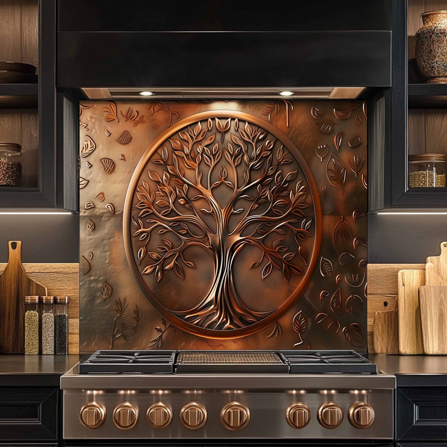 Stainless steel stove with decorative copper tree panel in a kitchen setting
