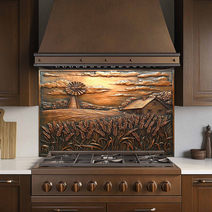 Decorative stove backsplash with a sunset over a field design in a kitchen.