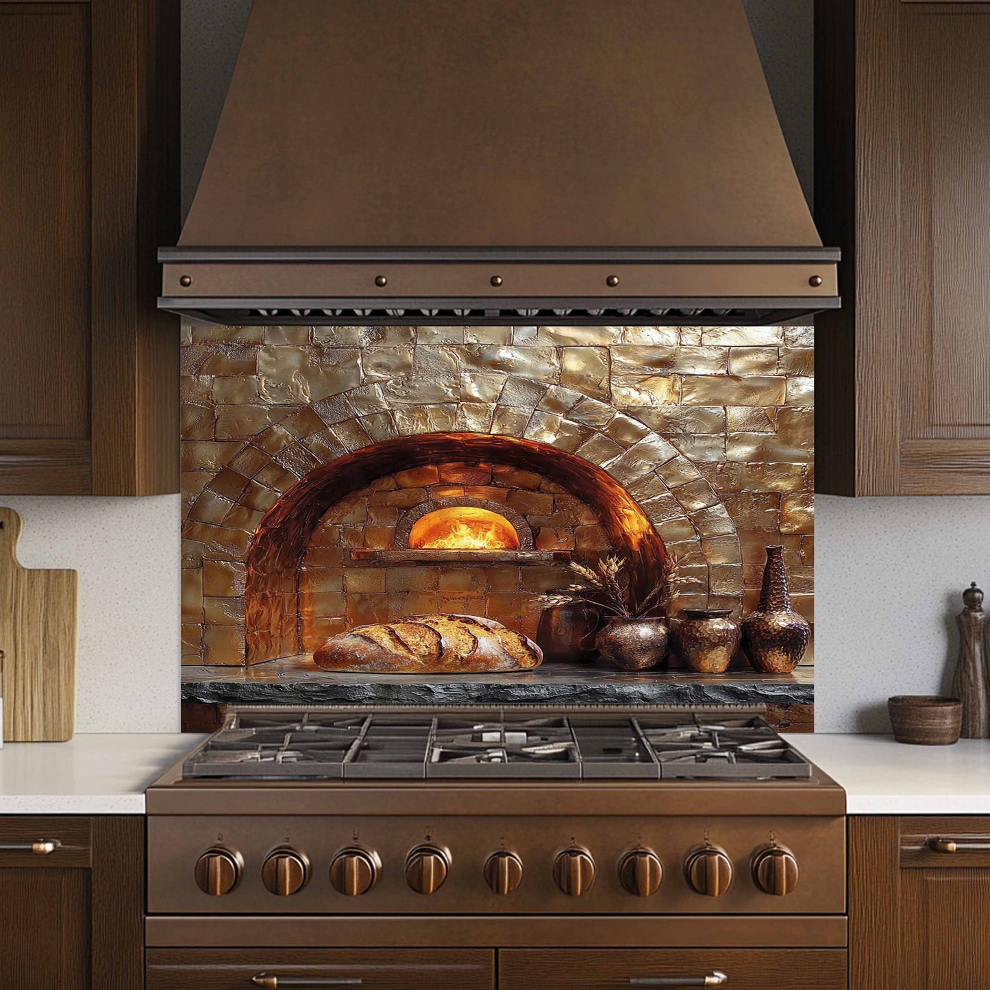 Stainless steel oven with brick oven insert and decorative backsplash in a kitchen setting.