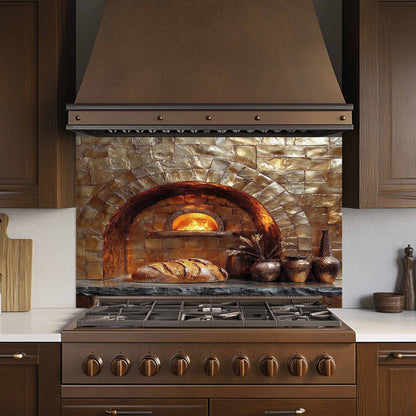 Stainless steel oven with brick oven insert and decorative backsplash in a kitchen setting.
