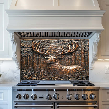 Stainless steel stove with decorative elk glass backsplash in a kitchen setting