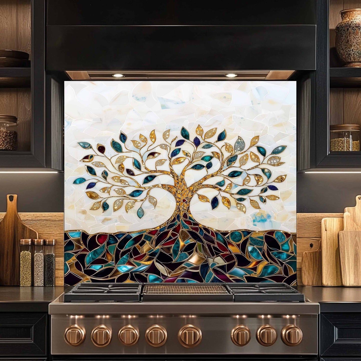 Decorative backsplash with tree design above a stove in a kitchen setting