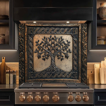 Decorative stove panel with tree design in a kitchen setting
