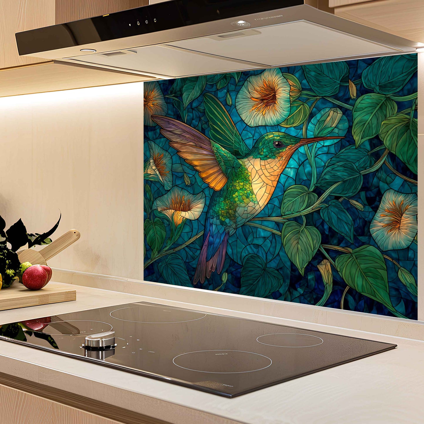 Kitchen with a decorative glass splashback featuring a hummingbird and floral design.