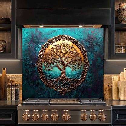 custom kitchen backsplash with tree of life design in a kitchen setting