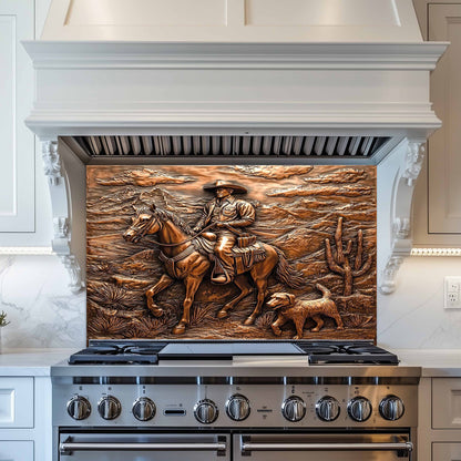 Stainless steel stove with decorative cowboy mural on the back splash in a kitchen setting.