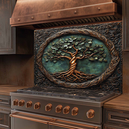 Decorative kitchen backsplash with tree of life design on a metallic stove