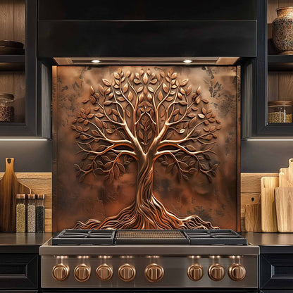 Stainless steel stove with decorative tree panel in a kitchen setting