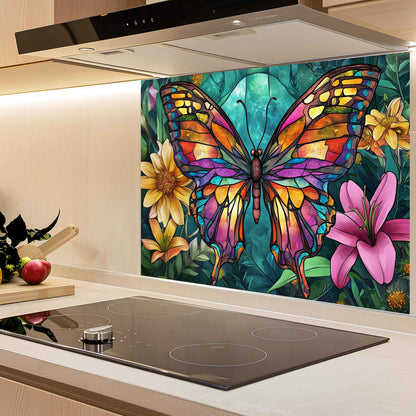 Colorful butterfly and floral design on a kitchen splashback