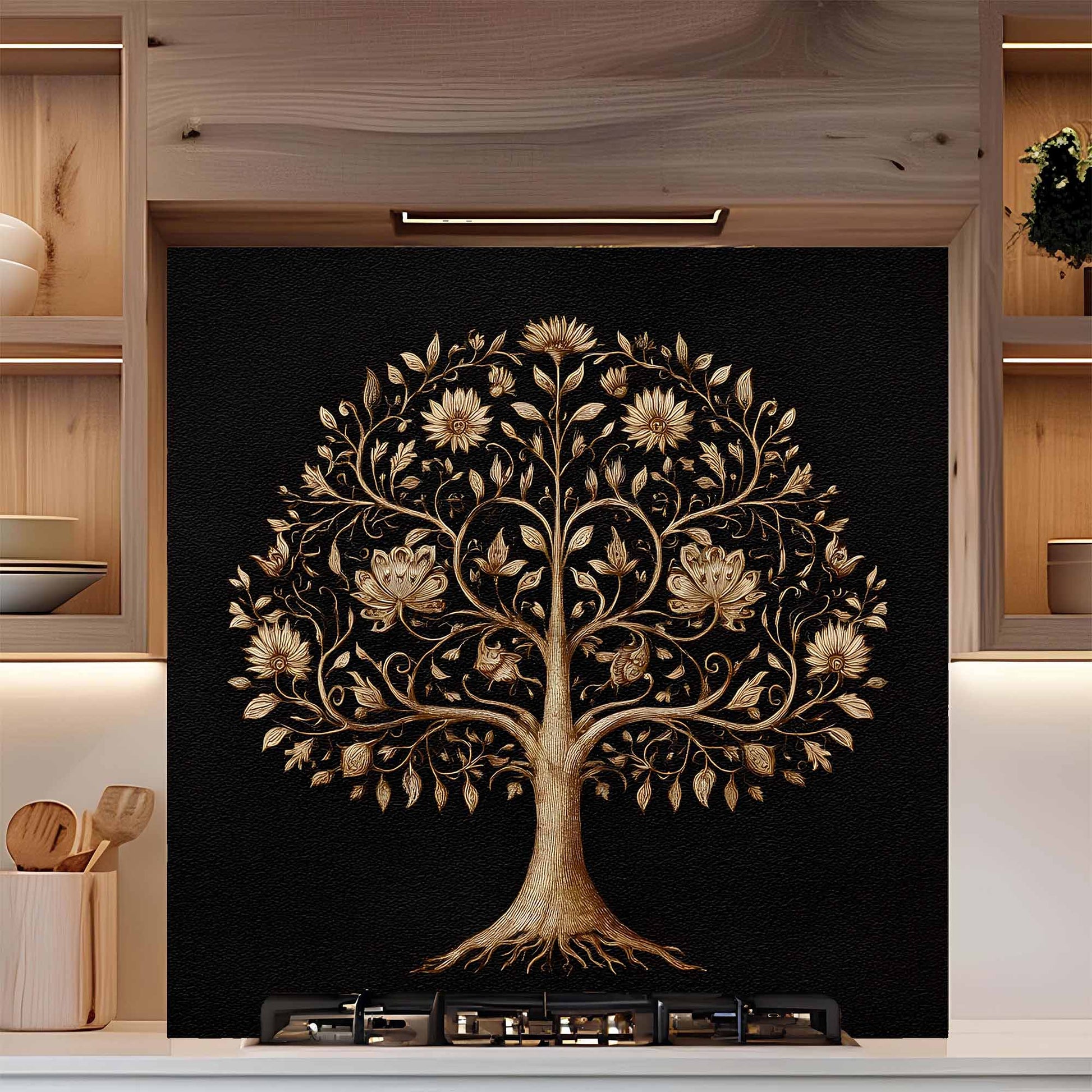 Tempered glass backsplash with a tree design in a kitchen setting
