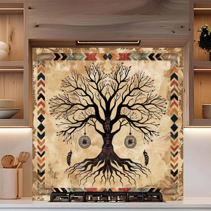 Decorative backsplash with a tree design in a kitchen setting