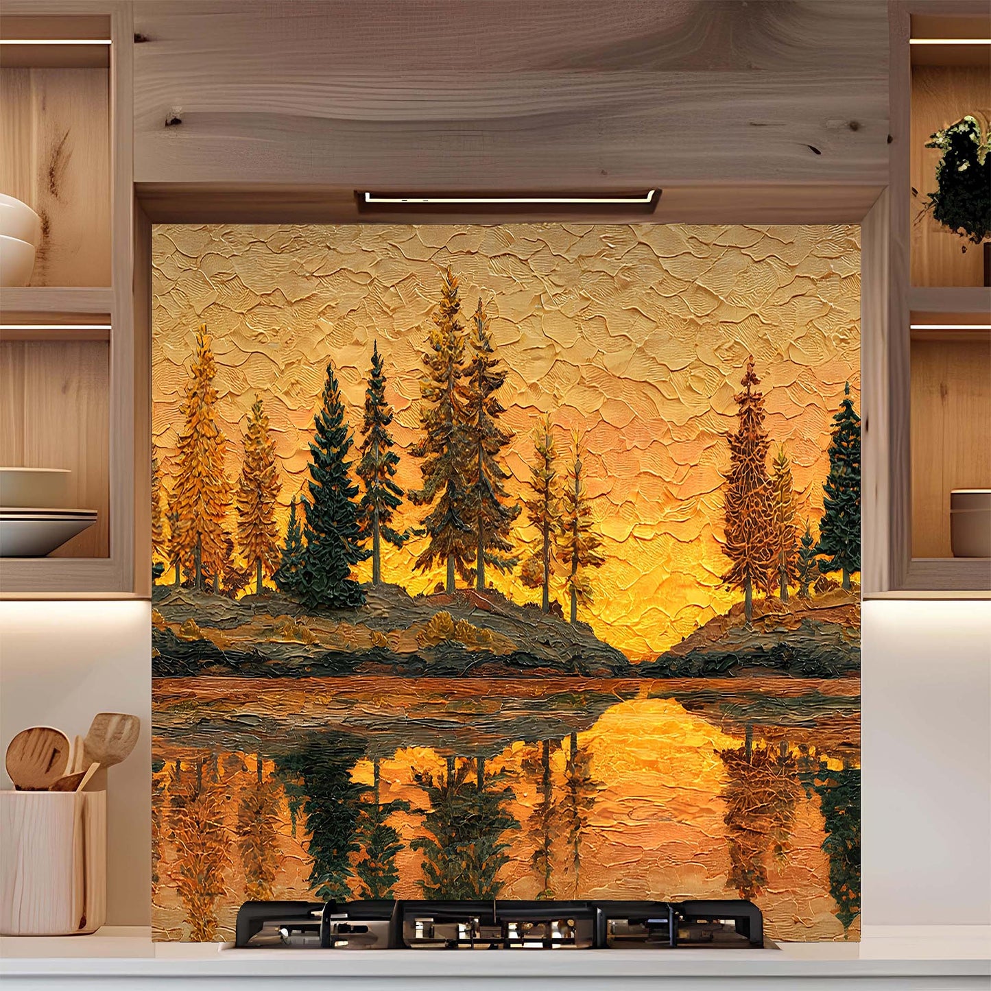 Decorative backsplash of a forest scene with trees and a sunset over water in a kitchen setting.
