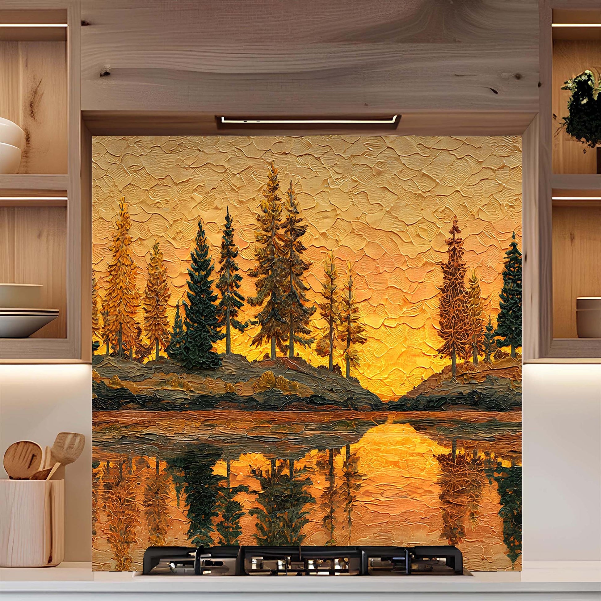 Decorative backsplash of a forest scene with trees and a sunset over water in a kitchen setting.