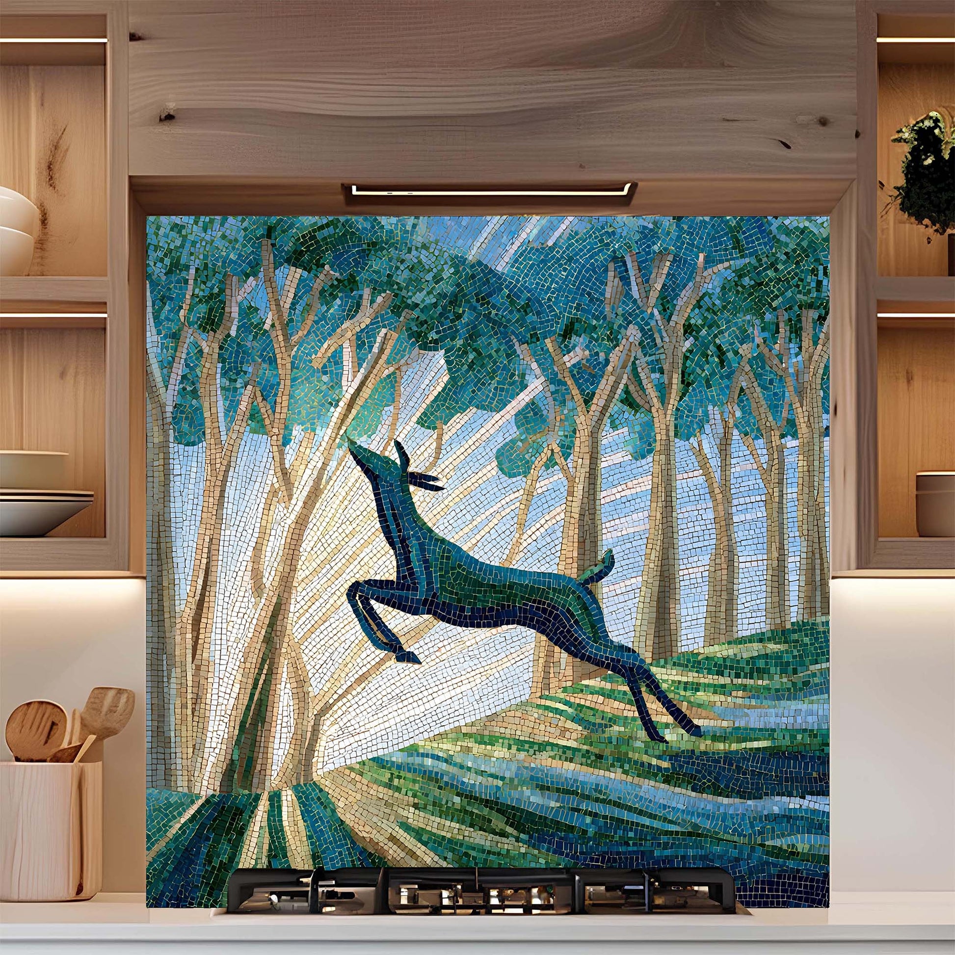 Decorative mosaic of a deer in a forest design on a kitchen backsplash.