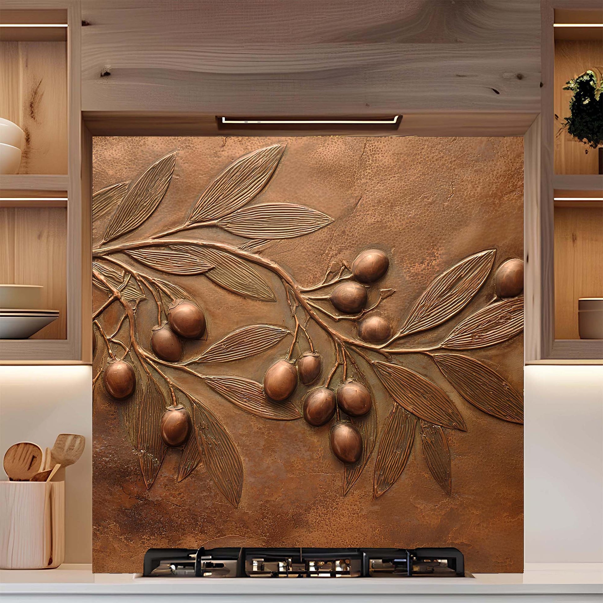 Decorative backsplash with embossed leaves and olives in a kitchen setting