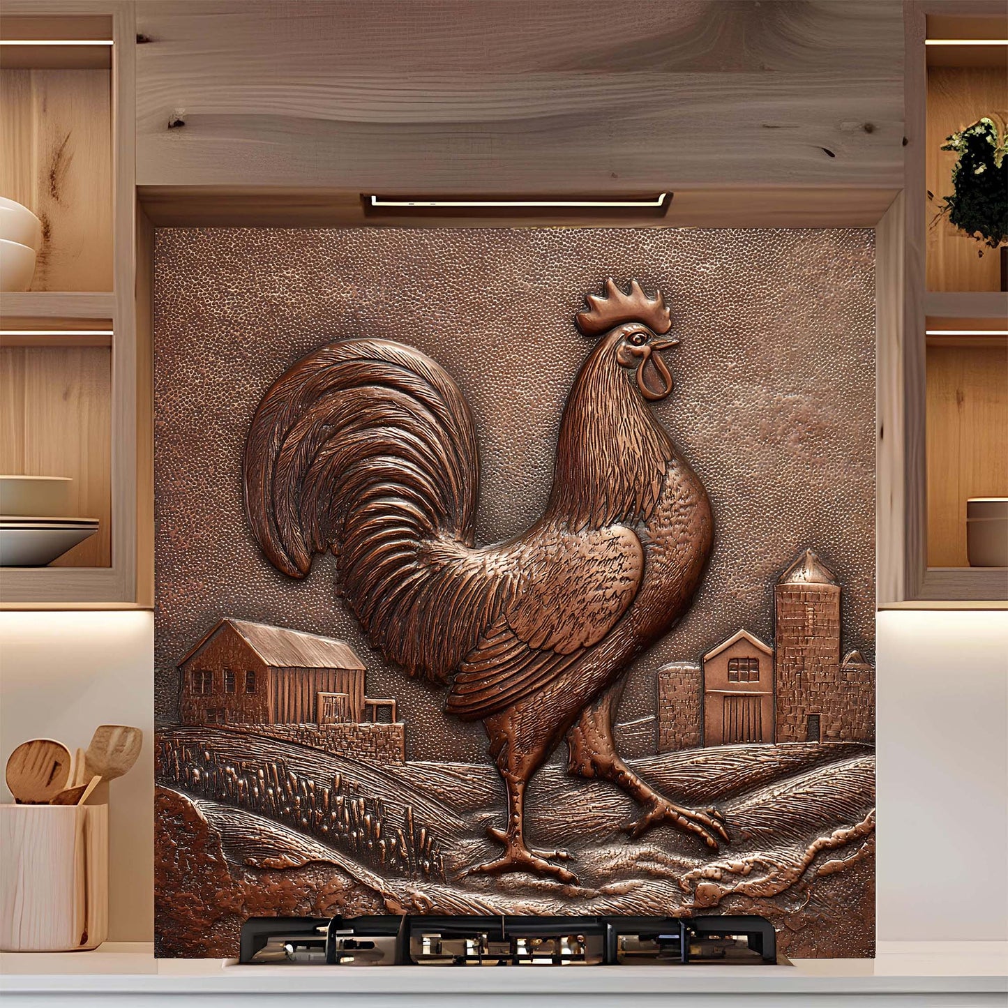 Decorative glass backsplash with a rooster design in a kitchen setting