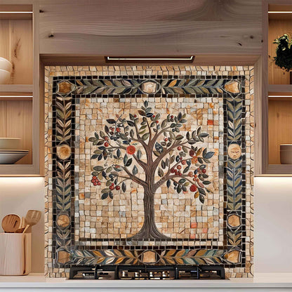 Mosaic backsplash of a tree with fruits in a kitchen setting