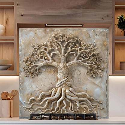 Decorative backsplash with a tree design in a kitchen setting