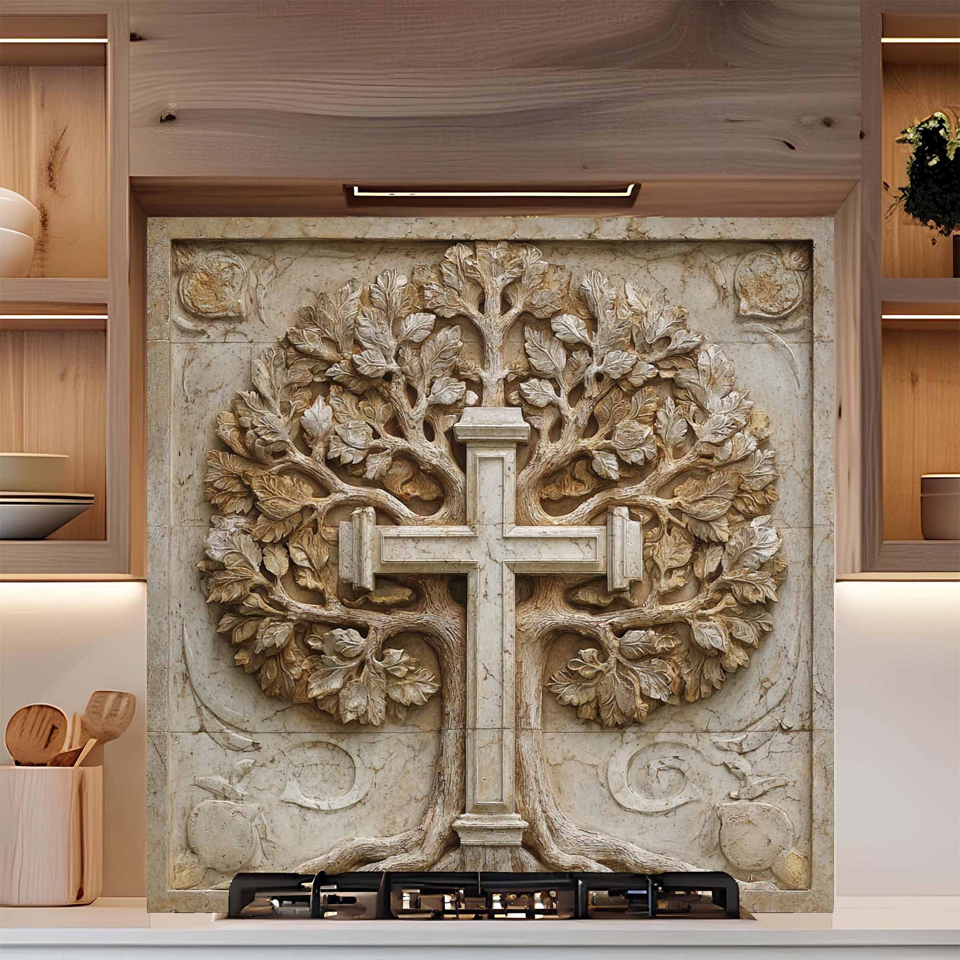 Decorative backsplash with a cross and tree design in a kitchen setting