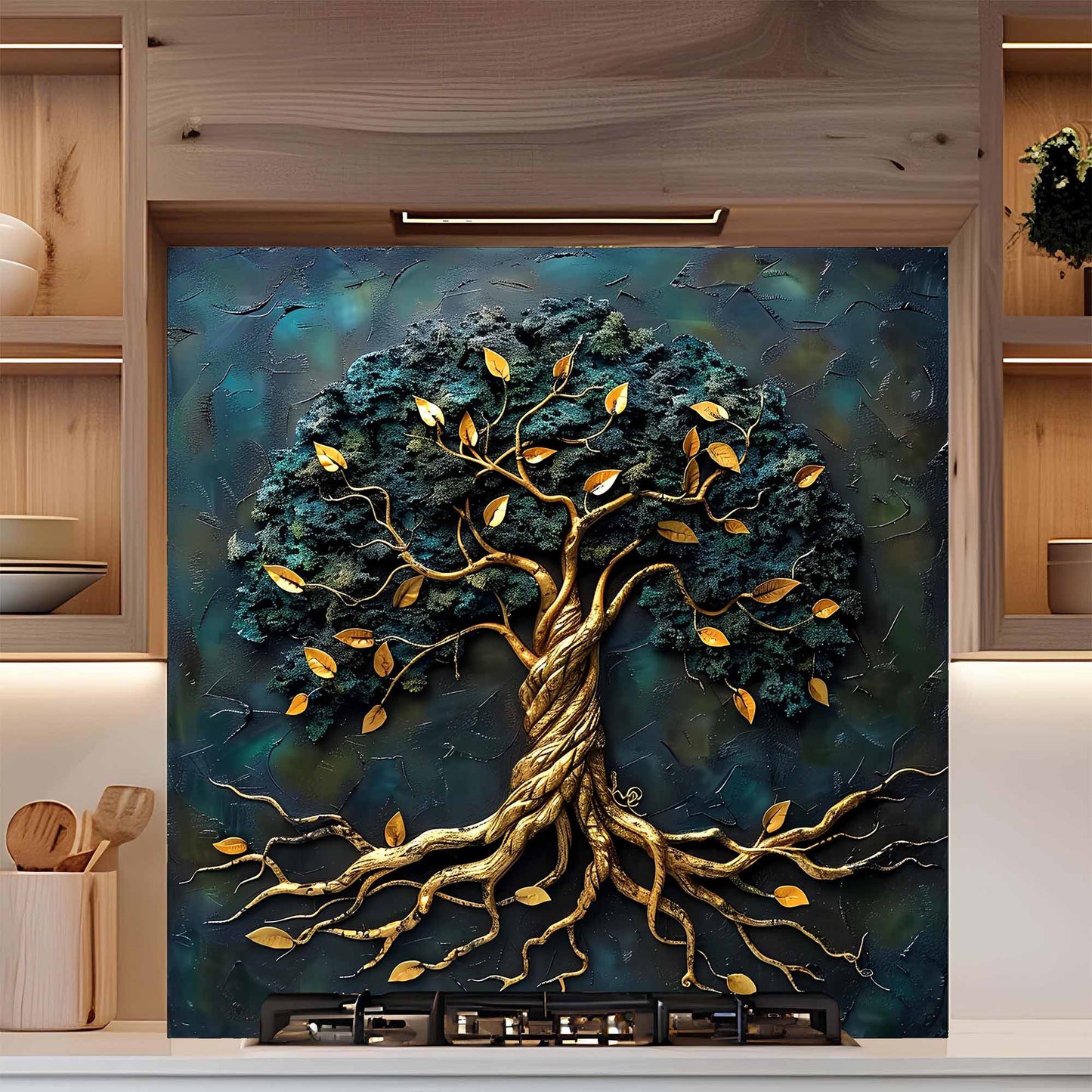 Tempered glass backsplash of a tree with gold leaves and roots in a kitchen setting.