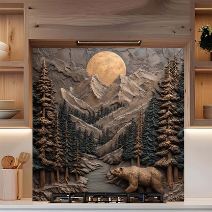 Decorative splashback of a bear in a forest with mountains and a moon.