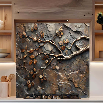 Decorative wall panel with tree branch and leaves in a kitchen setting
