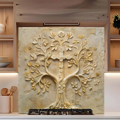 Decorative backsplash with floral and cross design in a kitchen setting