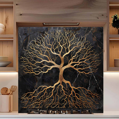 Decorative wall art of a tree with gold branches on a black background in a kitchen backsplash.