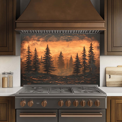 Stainless steel stove with a decorative glass backsplash featuring trees and a sunset.