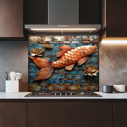 Decorative fish and lotus glass backsplash in a kitchen setting