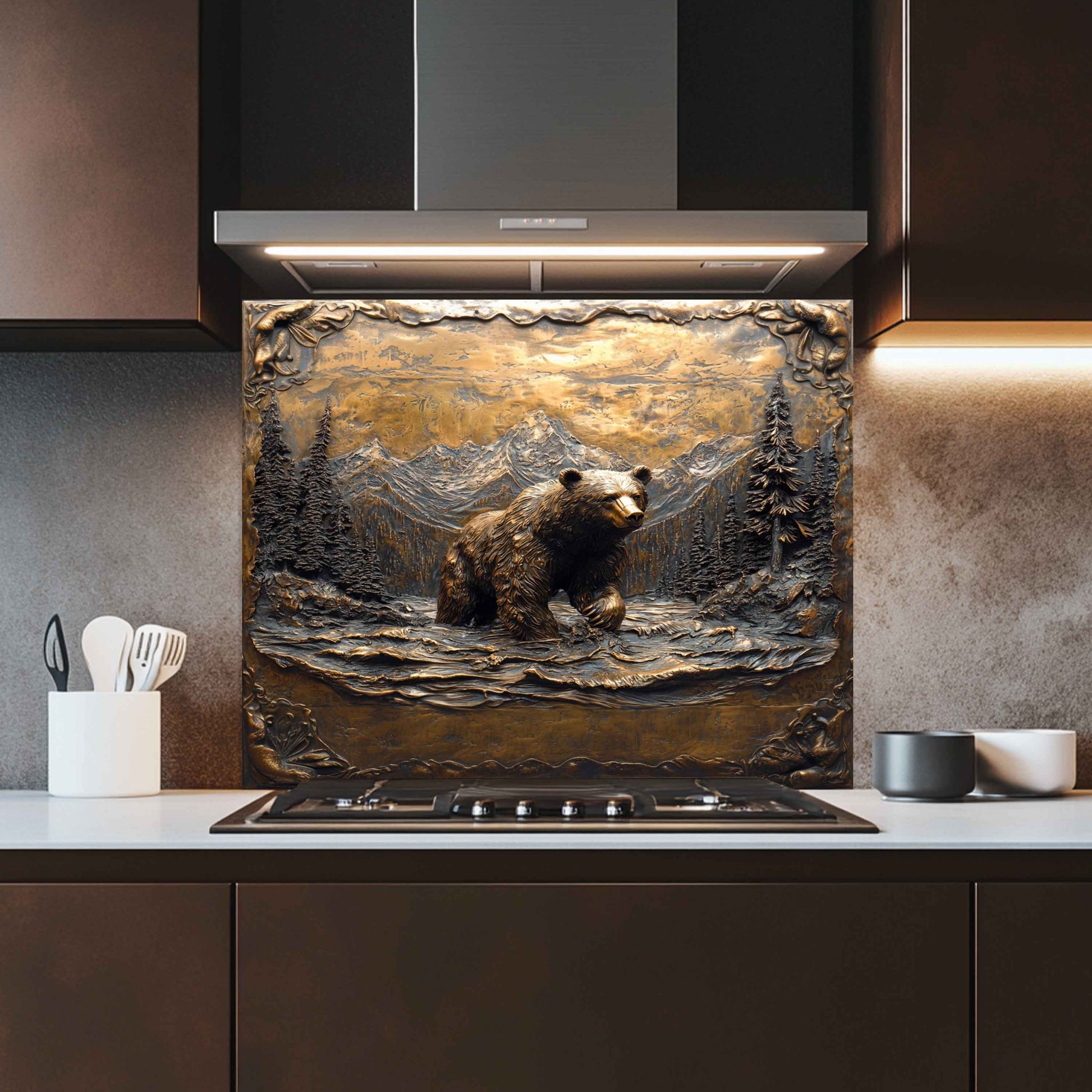 Tempered glass backsplash of a bear in a mountainous landscape above a kitchen stove.