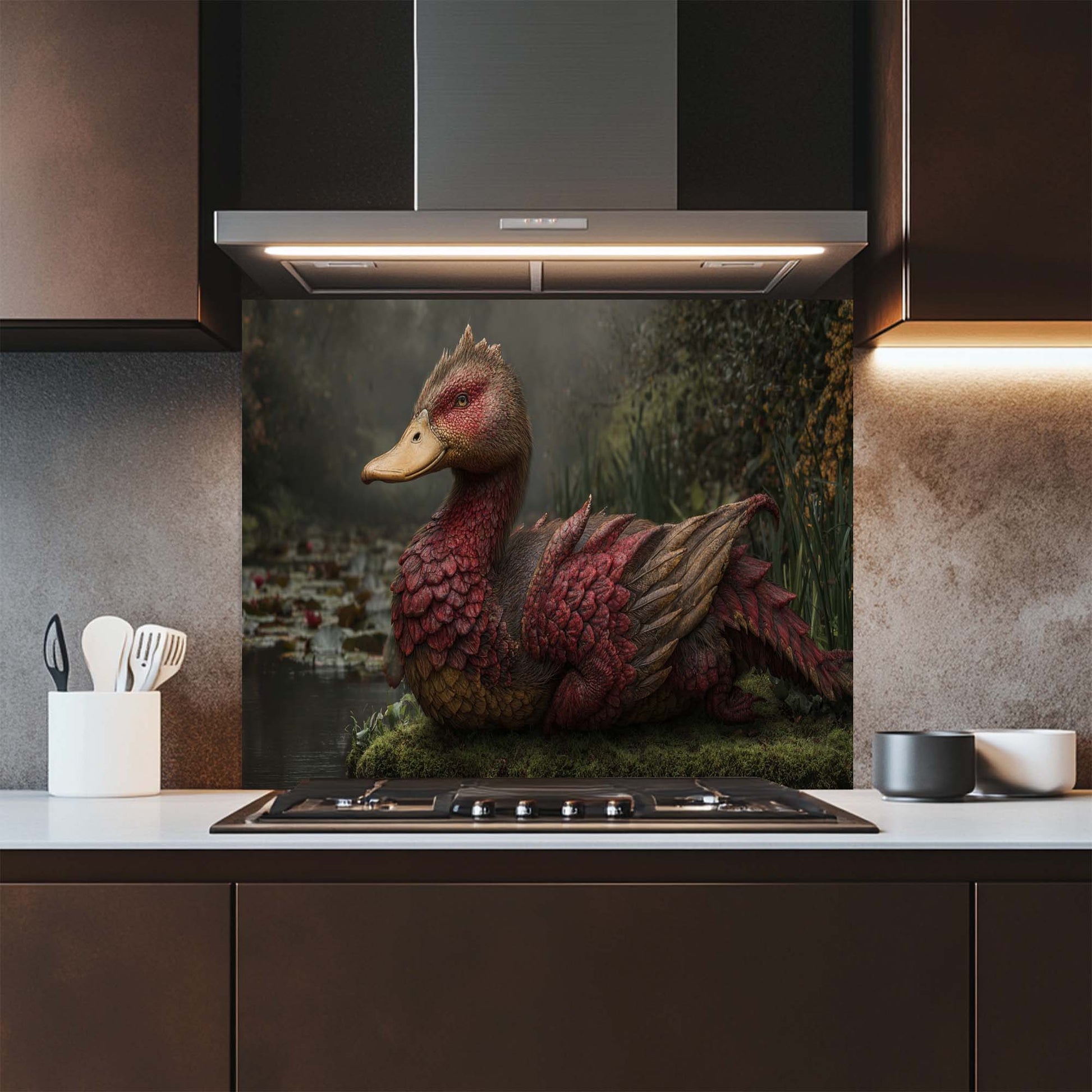 Kitchen with a dragon-themed glass backsplash above a stove