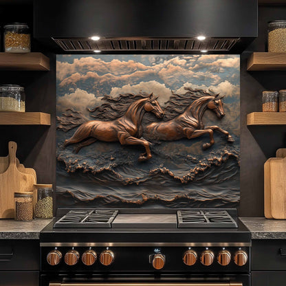 Horse tempered glass backplash in rustic kitchen