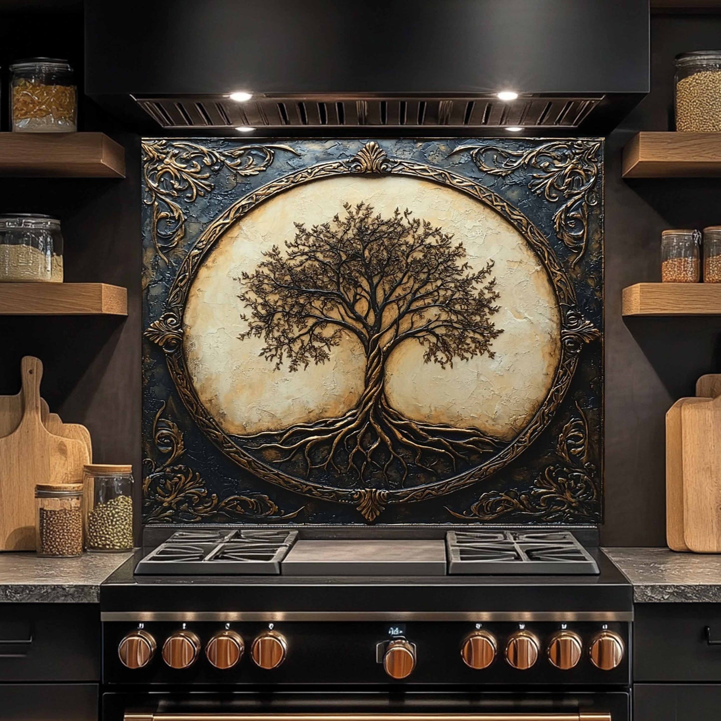 Decorative kitchen stove with tree of life design on the back splash