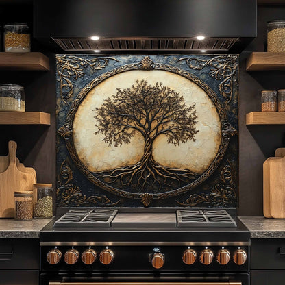 Decorative kitchen stove with tree of life design on the back splash