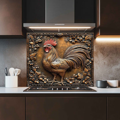 Decorative backsplash with a rooster design in a rustic kitchen setting