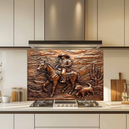 Decorative kitchen backsplash art of a cowboy on horseback in a kitchen setting.