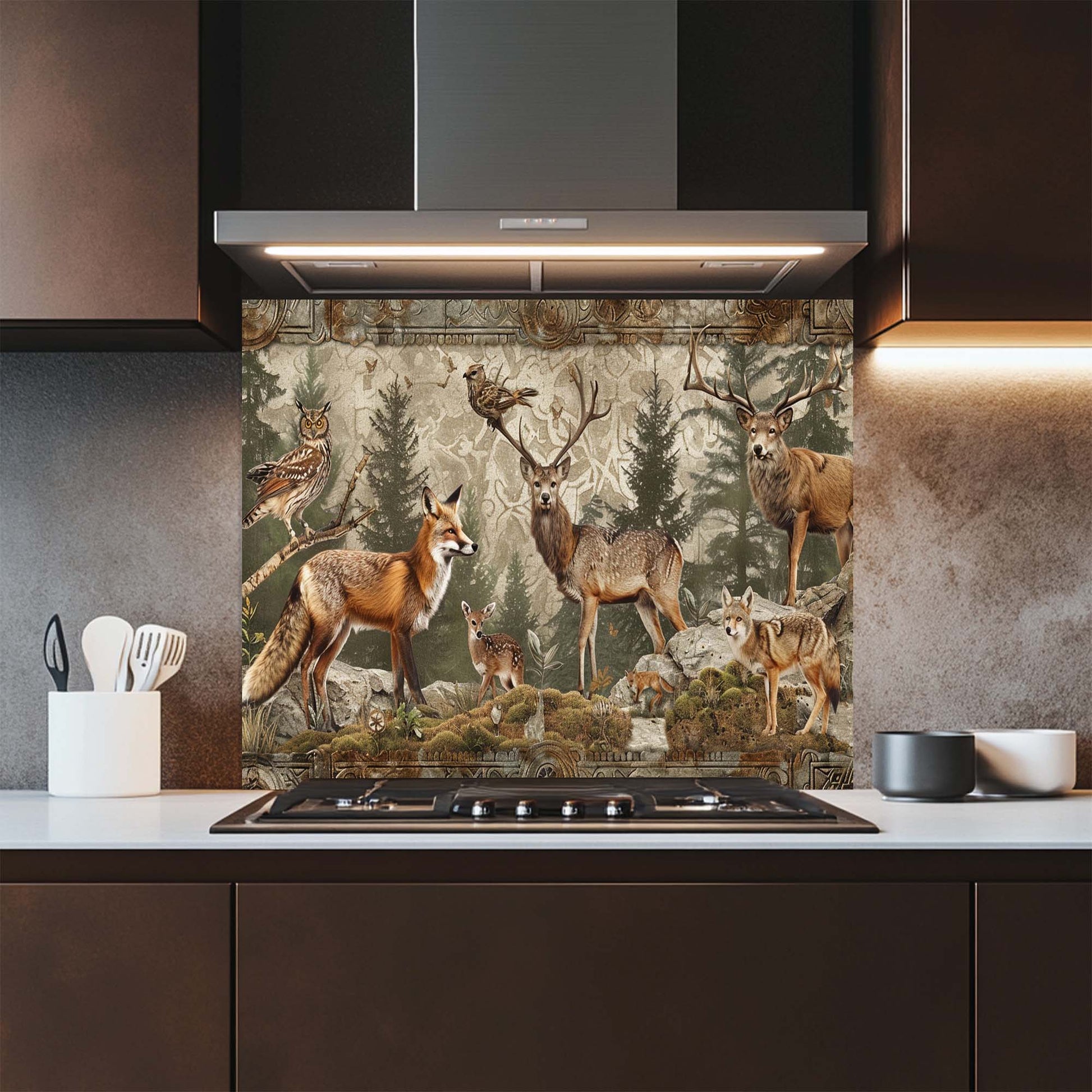 Kitchen with a forest-themed backsplash featuring animals like deer, fox, and owl.