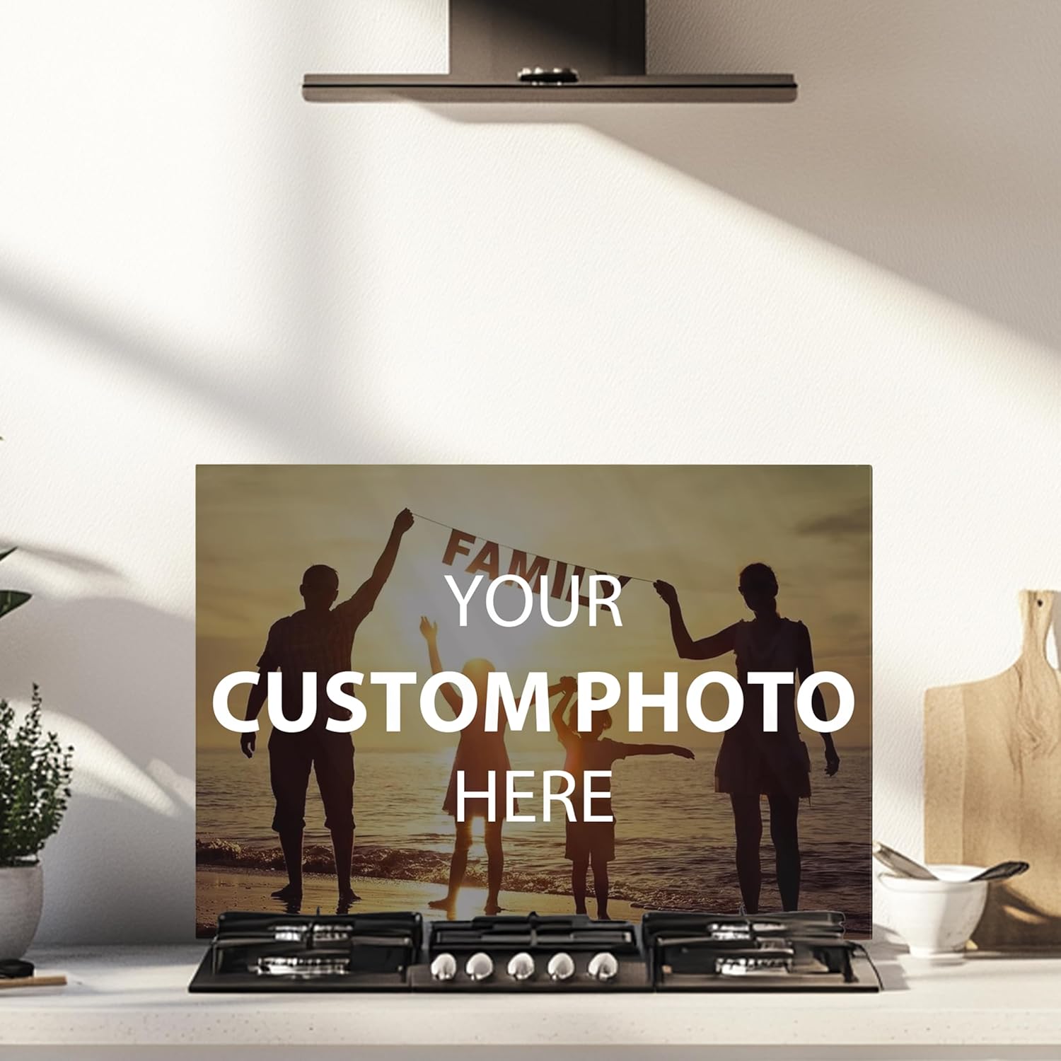 Modern kitchen with a custom photo frame on the wall displaying silhouettes of people.