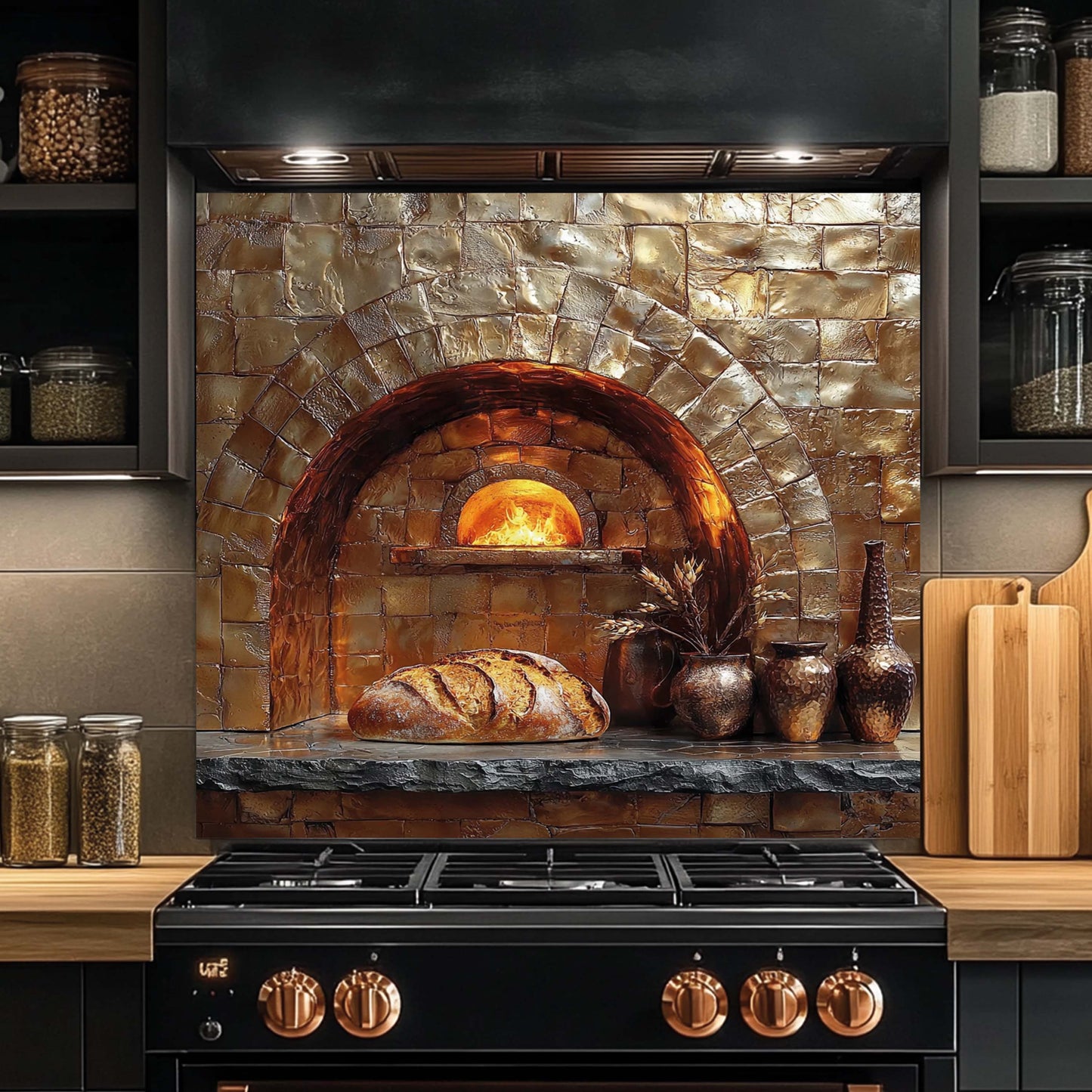 Modern kitchen with black stove and stone oven design glass backsplash
