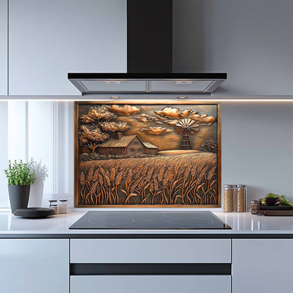 Kitchen with a decorative glass splashback featuring a rural scene.