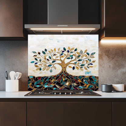 Decorative glass splashback with tree design in a kitchen setting