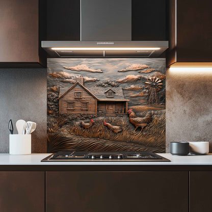 Kitchen with a decorative glass splashback featuring a farm scene.