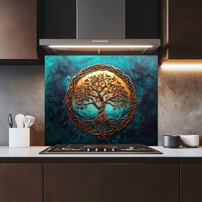 Decorative glass splashback with tree of life design in a kitchen setting